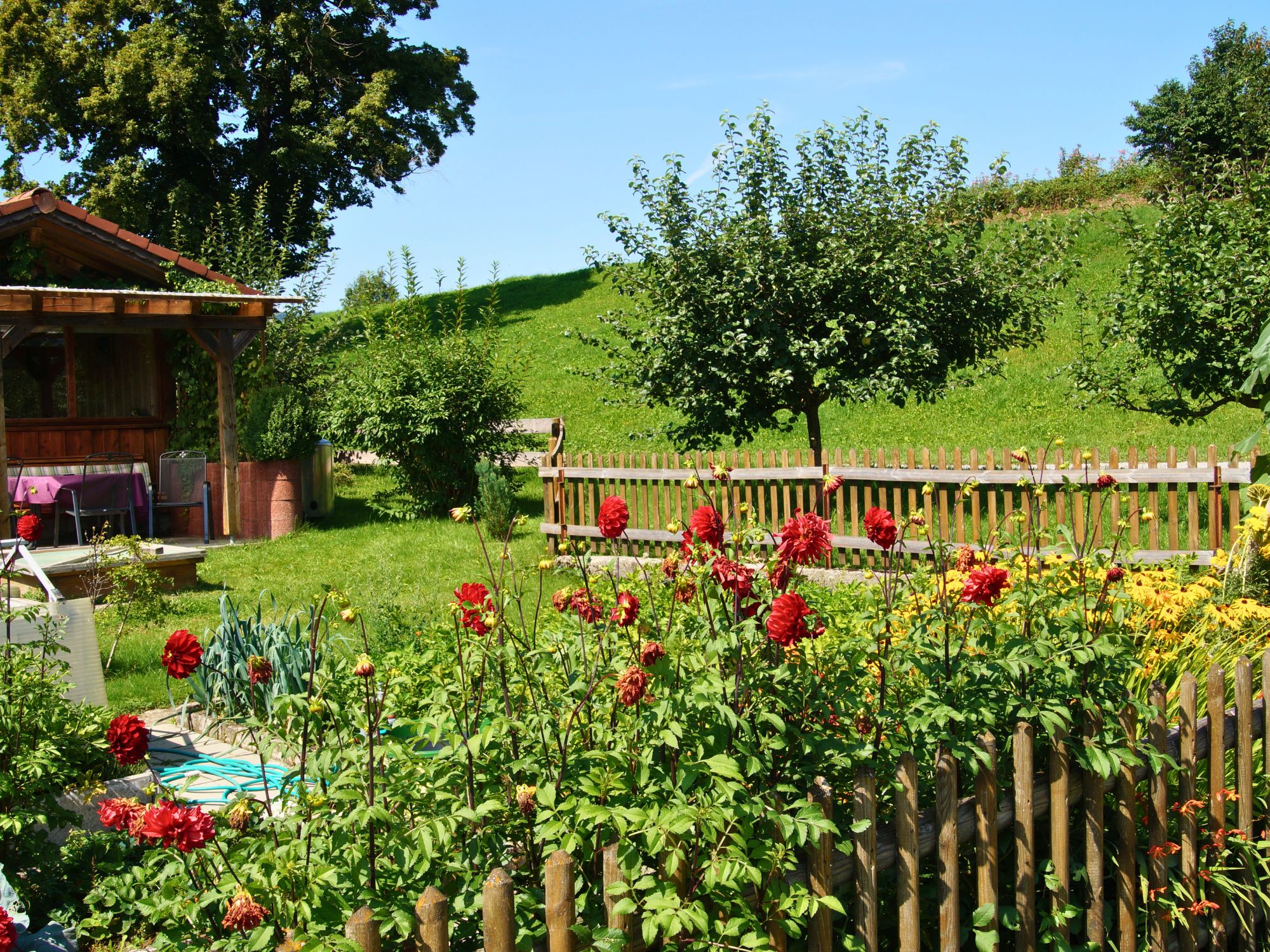 Blühender Kräutergarten mit Blumen, Obstbäumen und Sitzplatz am Ferienhof Eger in Immenstadt im Allgäu