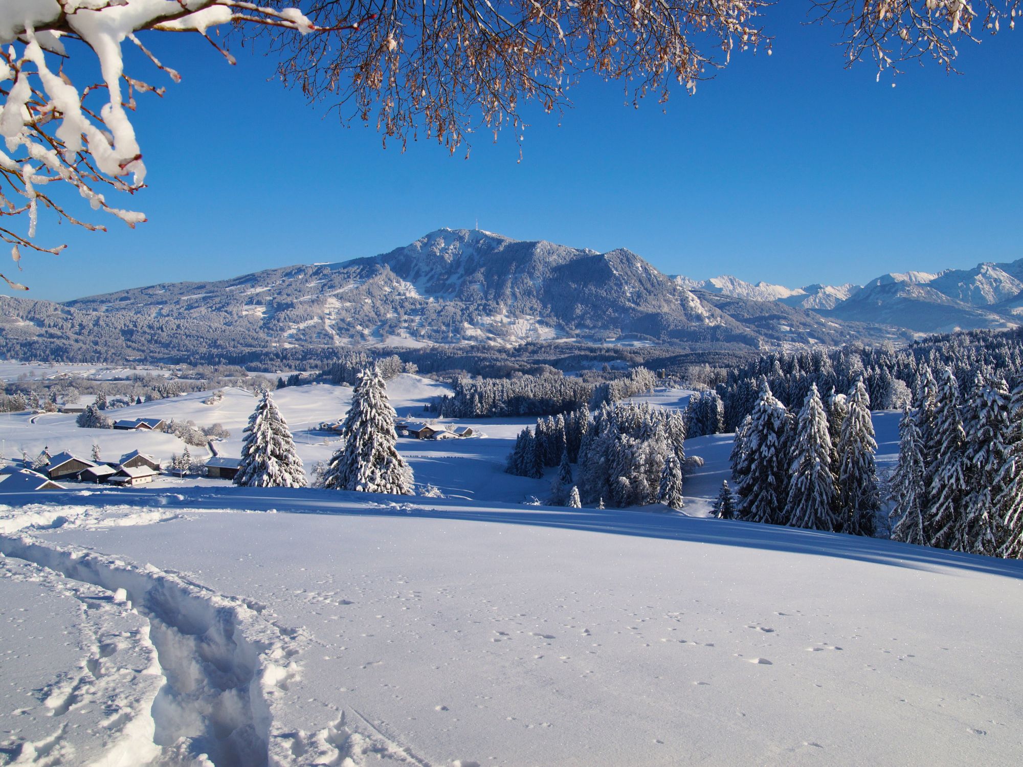 Verschneite Winterlandschaft mit Bergpanorama nahe dem Ferienhof Eger in Immenstadt im Allgäu
