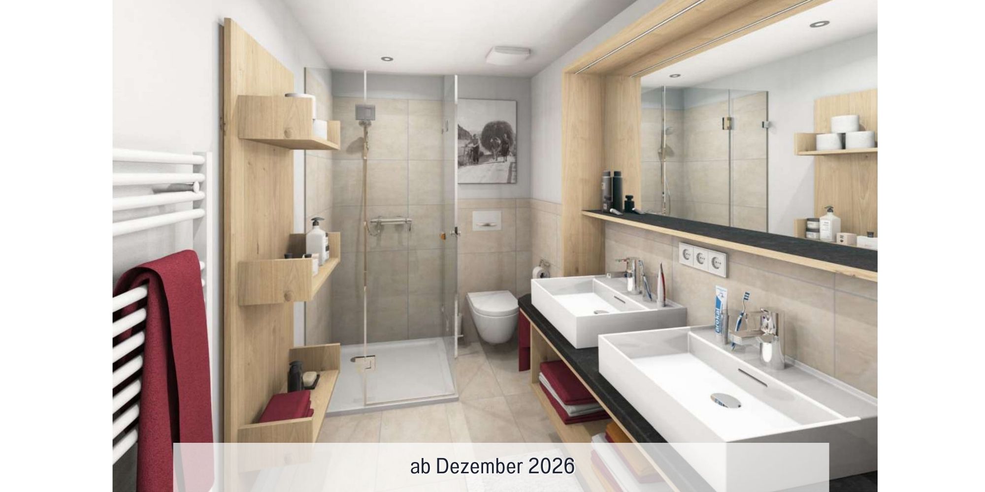 Badezimmer der Ferienwohnung Grüntenblick mit Dusche, Waschbecken, Kosmetikspiegel & Fön – sauber, hell und komplett neu ausgestattet