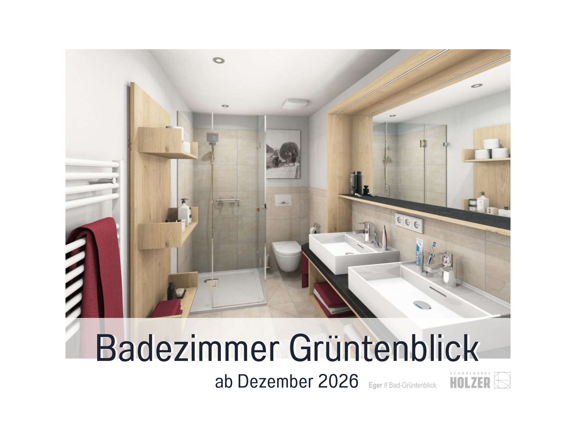 Badezimmer der Ferienwohnung Grüntenblick mit Dusche, Waschbecken, Kosmetikspiegel & Fön – sauber, hell und komplett neu ausgestattet