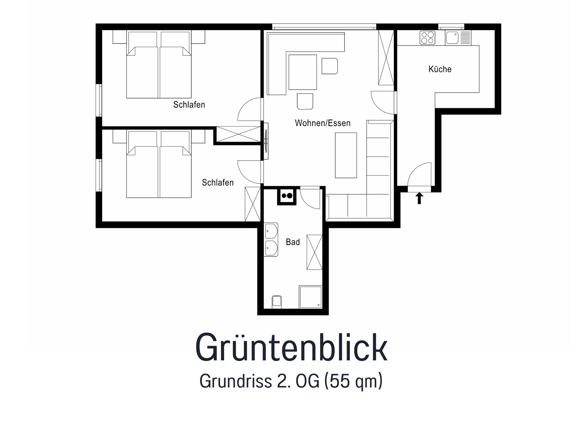 Grundriss der Ferienwohnung Grüntenblick mit 55 m² – zwei Schlafzimmer, Wohnbereich, Essküche, Badezimmer & Flur im Überblick