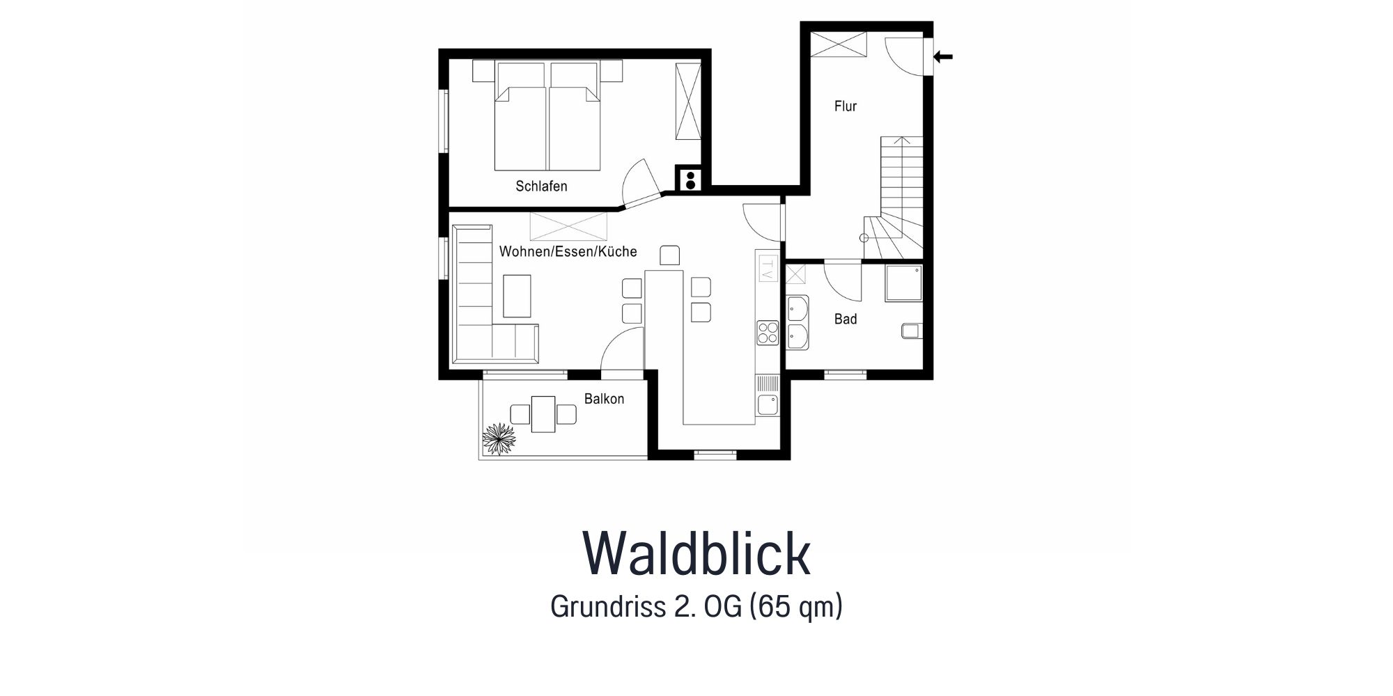 Grundriss der Ferienwohnung Waldblick mit 65 m² – zwei Schlafzimmer, Wohnküche, Wohnzimmer, Badezimmer & Balkon im Überblick