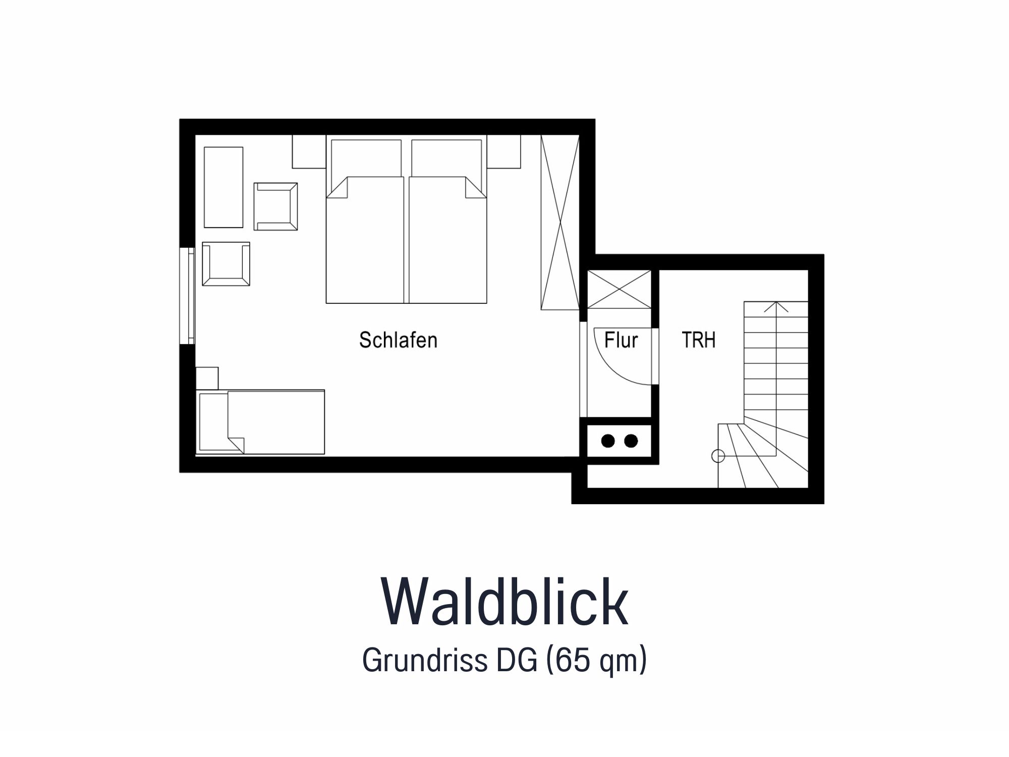 Grundriss der Ferienwohnung Waldblick mit 65 m² – zwei Schlafzimmer, Wohnküche, Wohnzimmer, Badezimmer & Balkon im Überblick