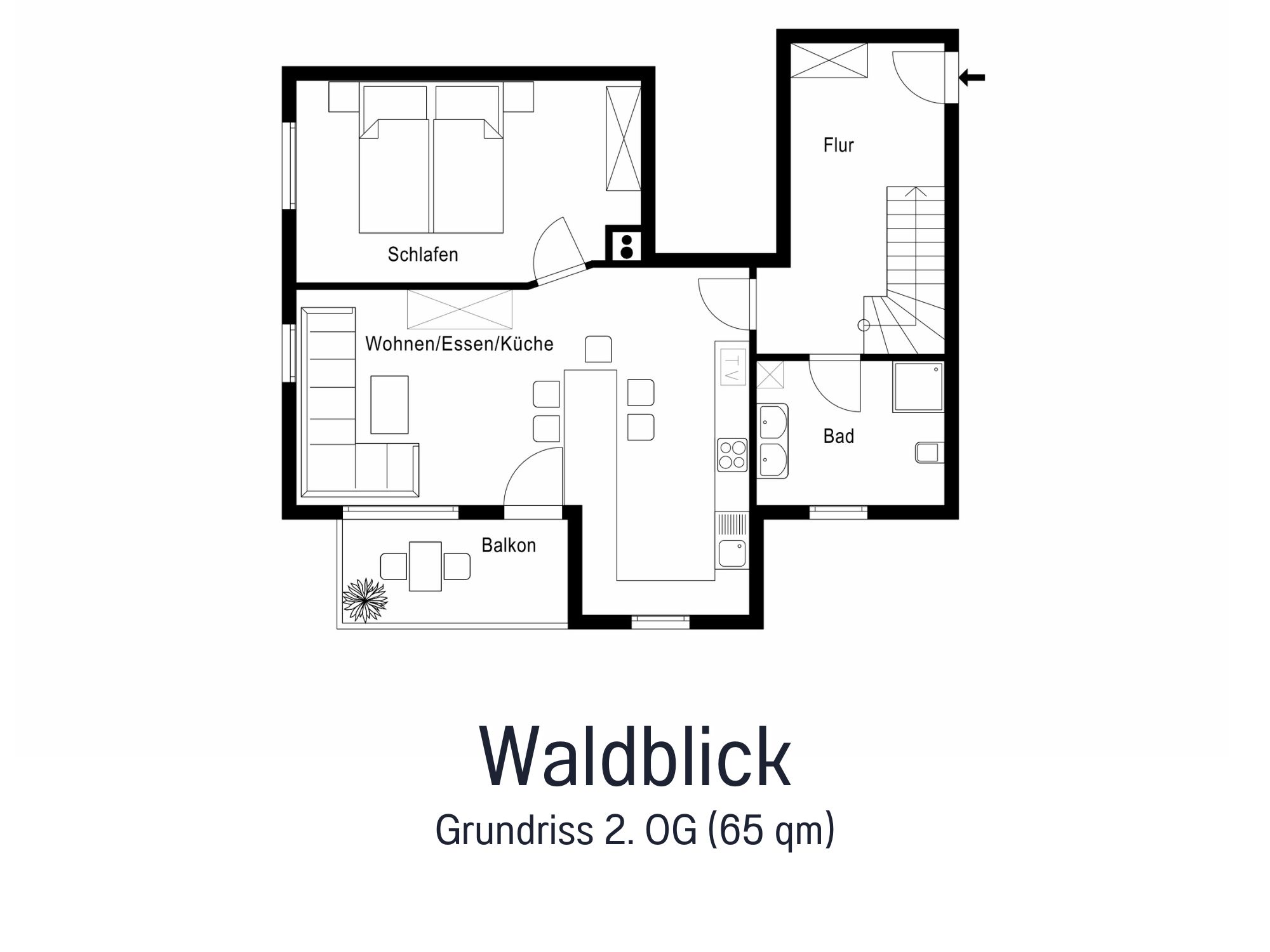 Grundriss der Ferienwohnung Waldblick mit 65 m² – zwei Schlafzimmer, Wohnküche, Wohnzimmer, Badezimmer & Balkon im Überblick