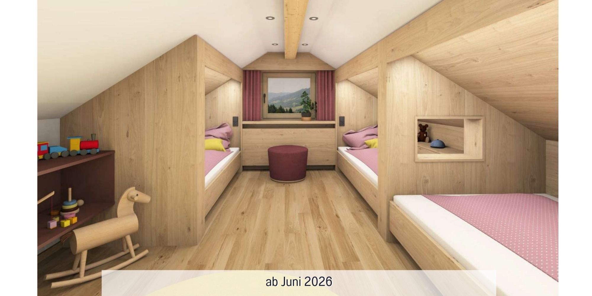 Zweites Schlafzimmer im Dachgeschoss der Ferienwohnung Waldblick – über Treppe erreichbar, ideal für Kinder oder Freunde, mit 3 Einzelbetten; 1 Bett Übergröße mit Breite 1,20m